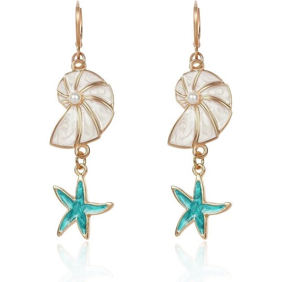 Dangle Gold Starfish Seahorse Shell Starfish with Pearl Turquoise Earrings - Picture 1 of 5